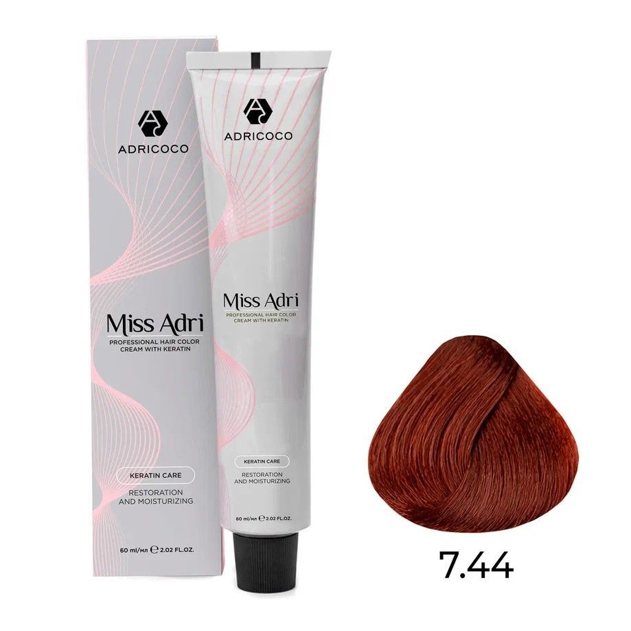 ADRICOCO Miss Adri, Крем-краска для волос 7.44 Блонд медный интенсивный, 60 мл